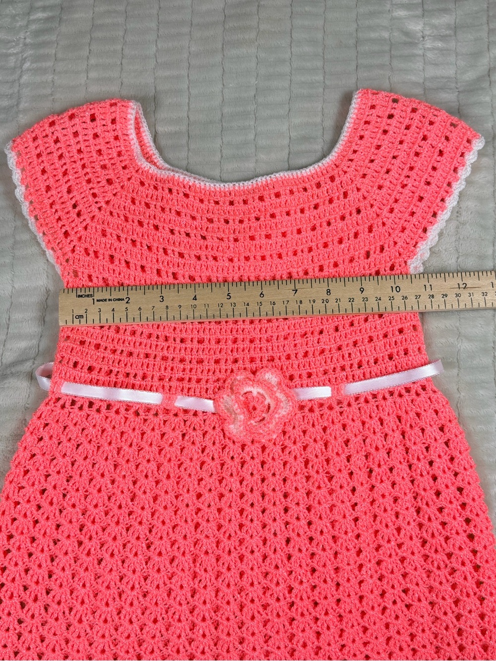 Handmade Crochet Girls Dress Pink Coral Cottagecore Heirloom Flower Ribbon - Picture 12 of 12